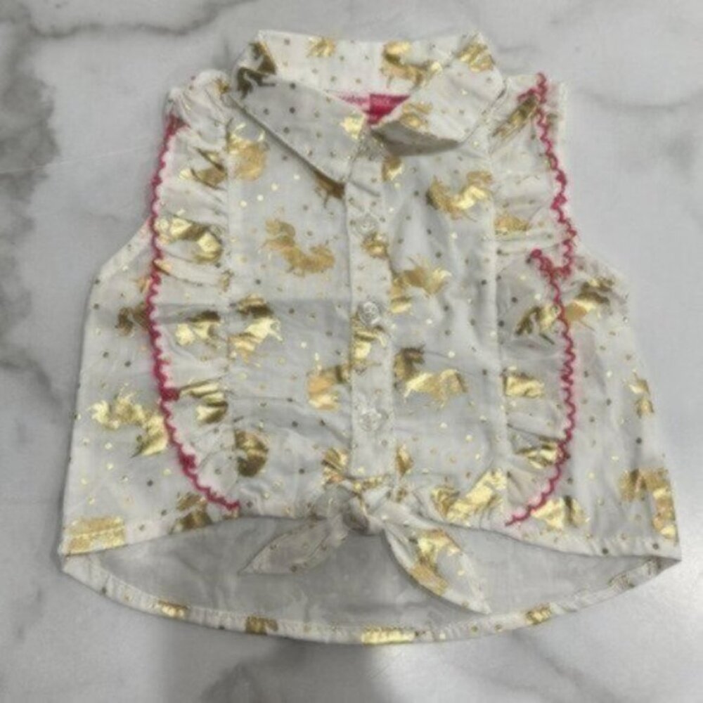 Penelope Mack Kid's Girl White Button Gold Ruffle Unicorn Top Size 18 Months